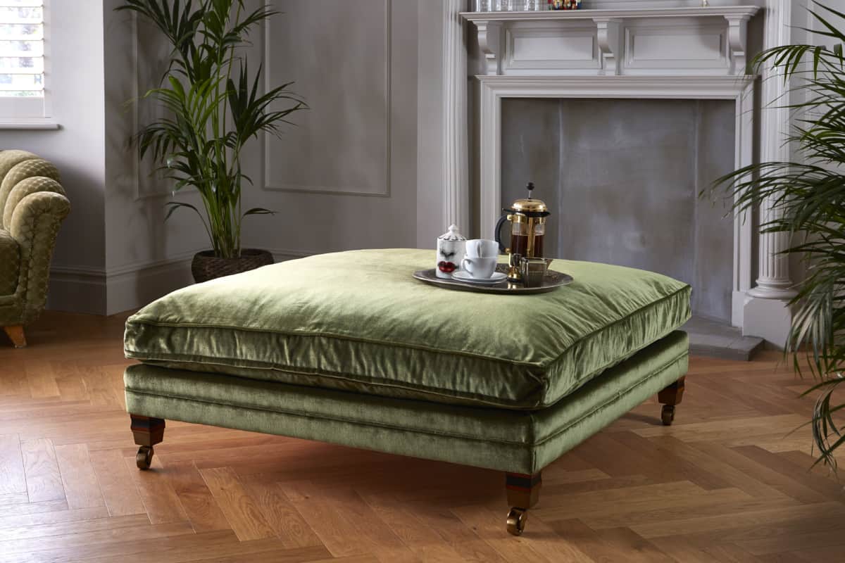 Traditional British green velvet sofas footstool by Darlings of Chelsea