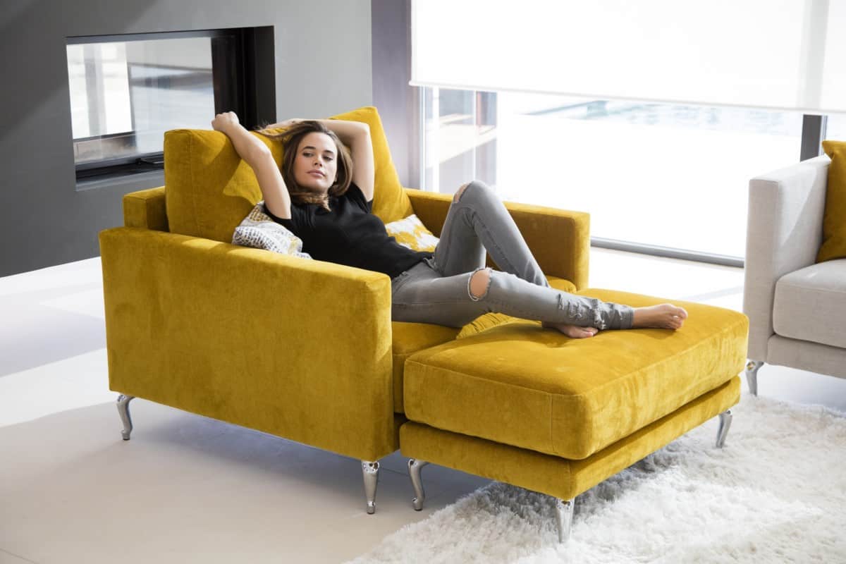 Yellow velvet sofas loveseat by Darlings of Chelsea