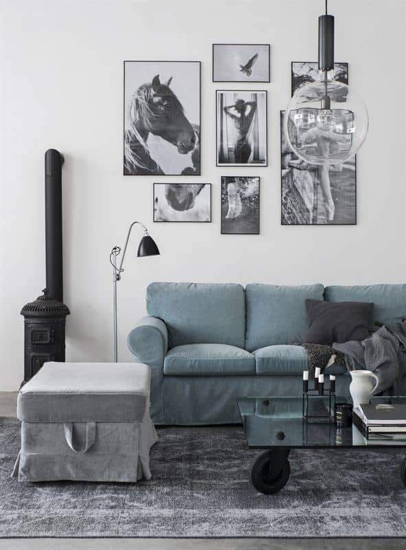 Ikea Ektorp sofa with Bemz velvet slipcovers in Mineral Blue