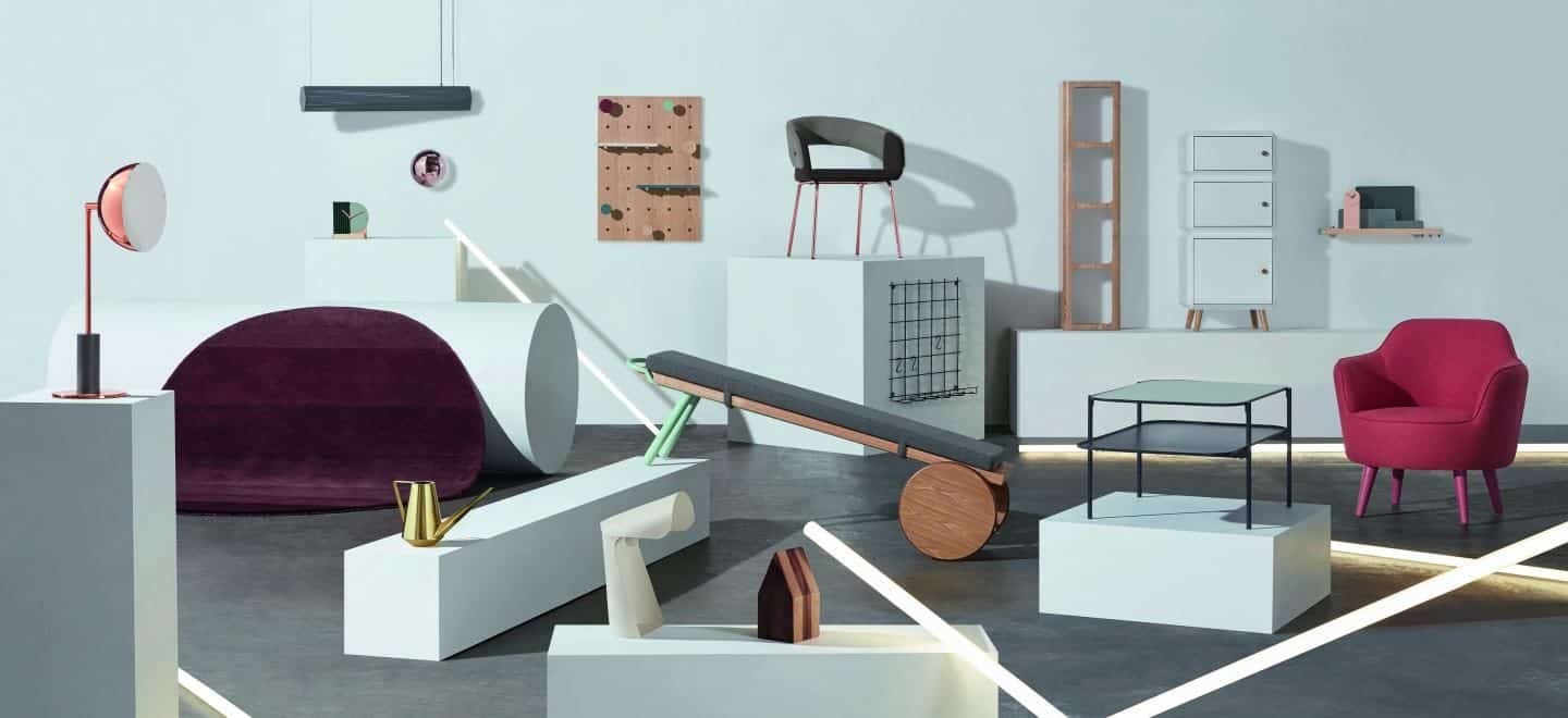 A lifestyle shot of MADE.COM TALENT_LAB COLLECTION 2 comprised of various bits of furniture, lighting and home accessories