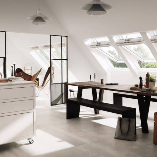 Loft conversion - Living room dining room space featuring velux integra windows