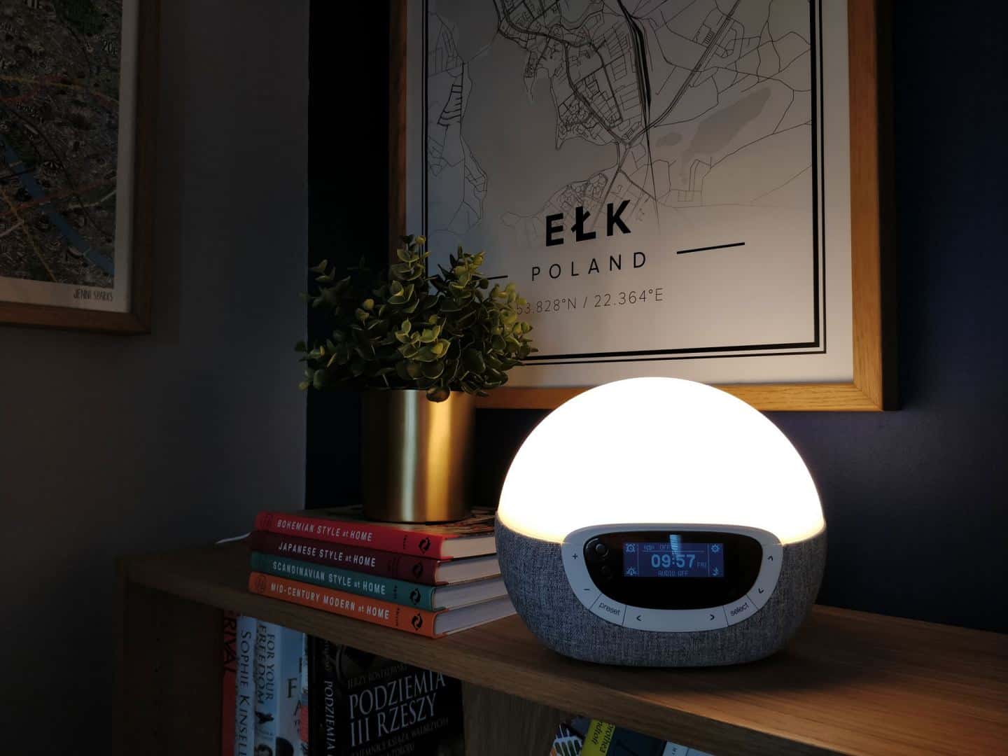 World Sleep Day 2020-5 Ways to Improve your Sleep. A Lumie Wake-up light alarm clock on a shelf