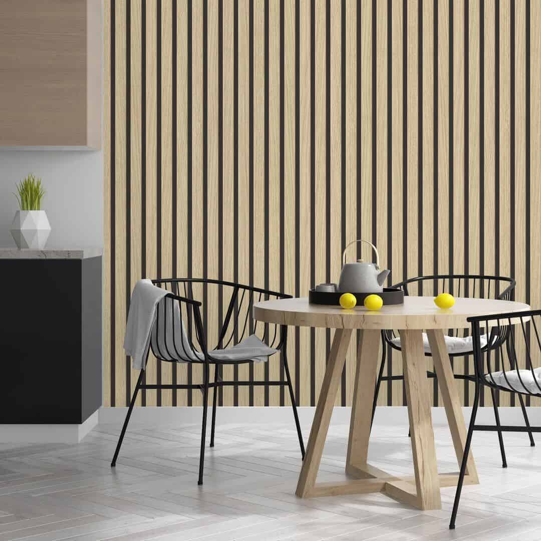 Vertical slat  wooden panelling wallpaper from I Love Wallpaper in a dining room setting