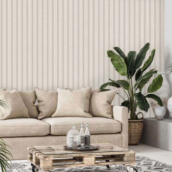 Vertical slat  wooden panelling wallpaper from I Love Wallpaper in a living room setting