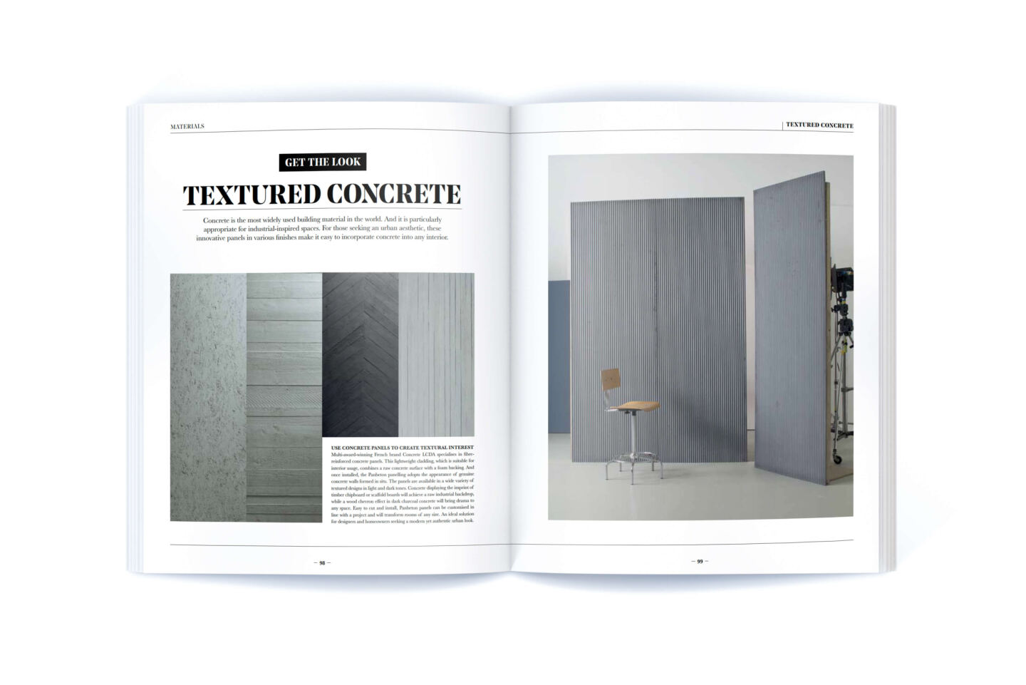 A spread of the book Hotel to Home all about textured concrete
