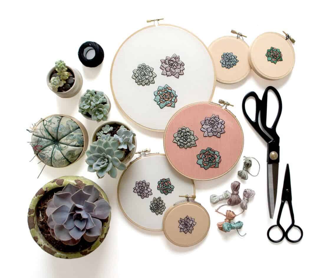 A flat lay of 6 small embroidery hoops, 5 small succulents, thread and some scissors