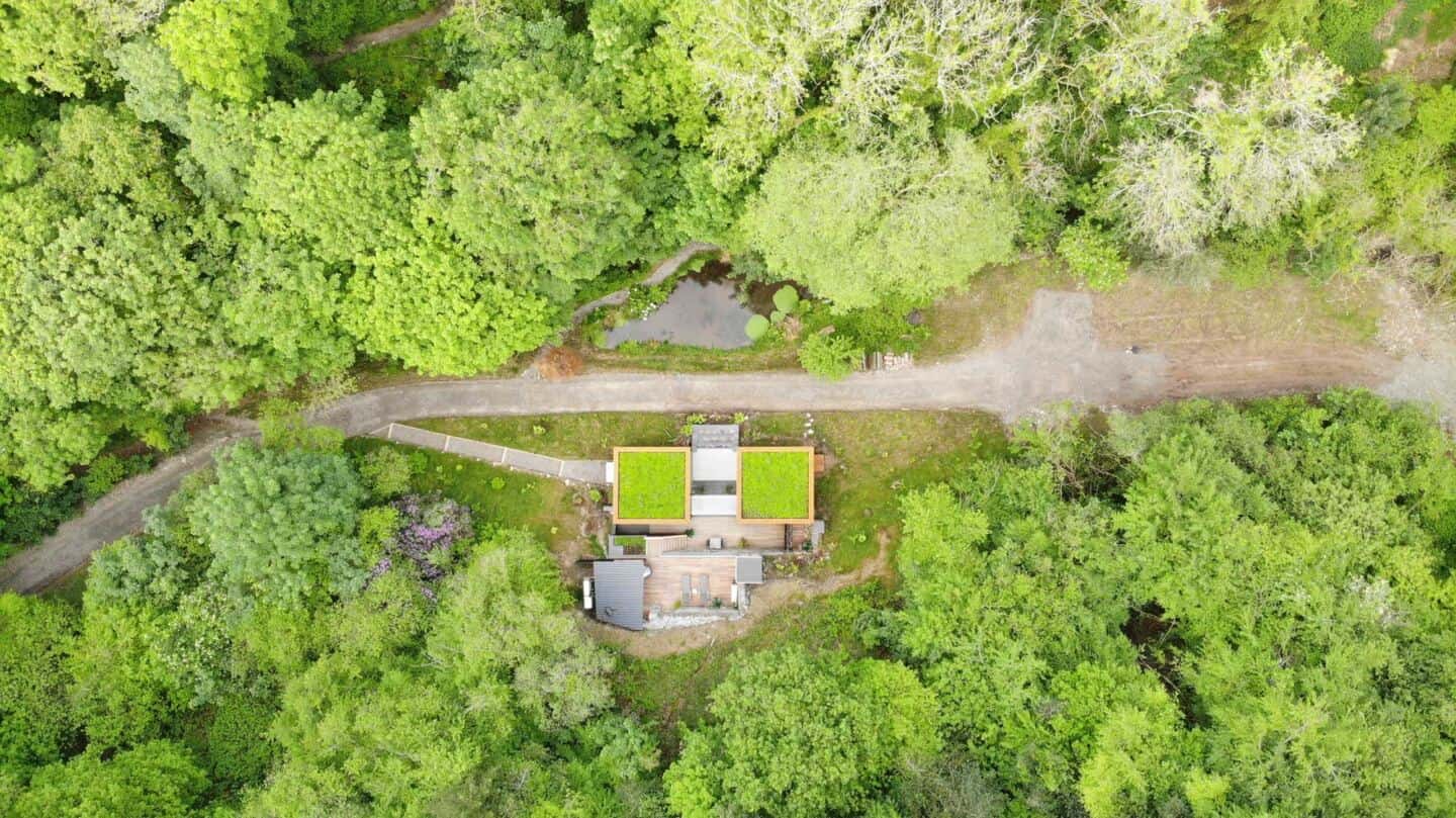 An aeriel shot of Wildwood Spa in North Devon which is set in 12 acres of private woodland