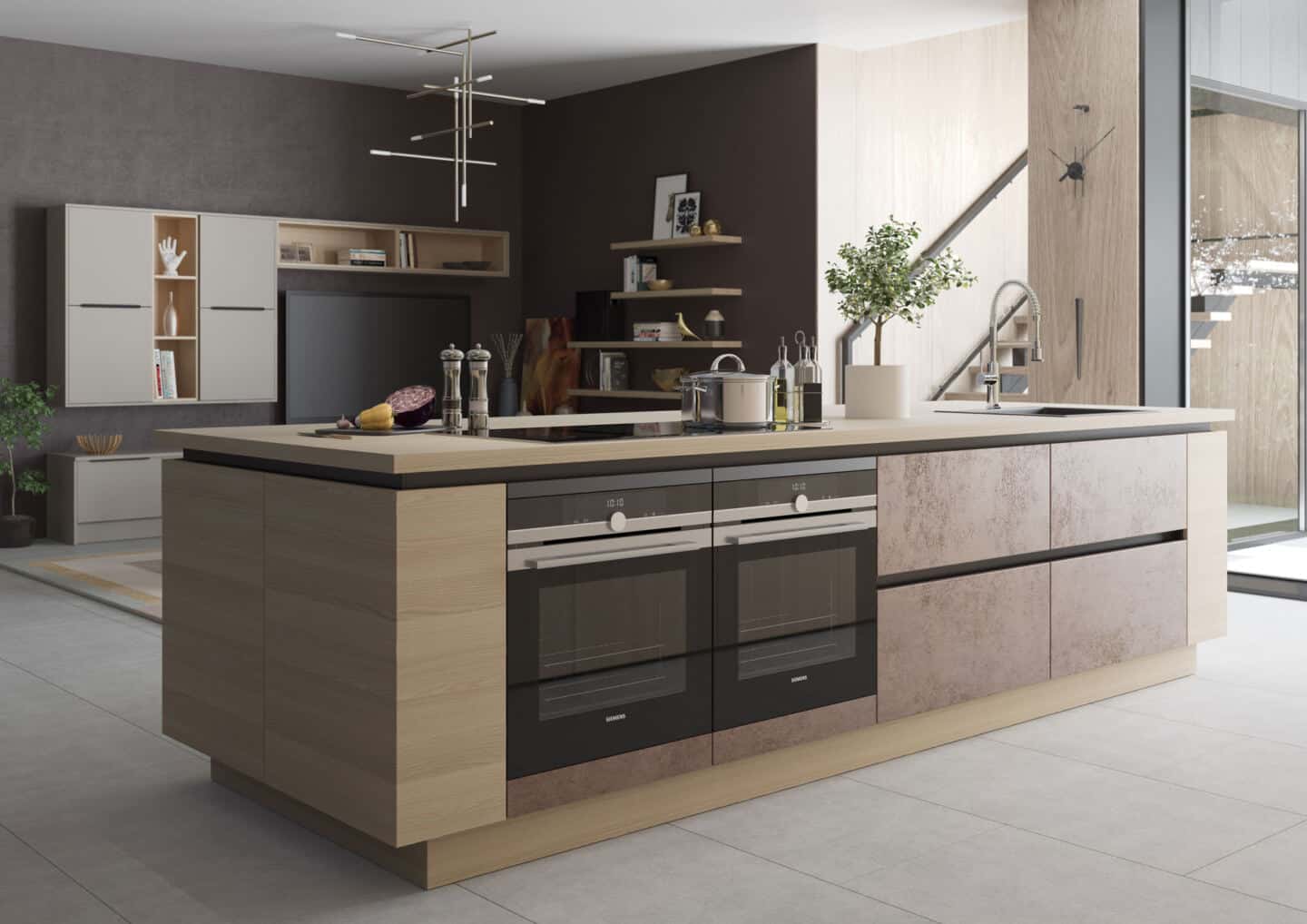 A wooden kitchen island housing double oven, hob and sink