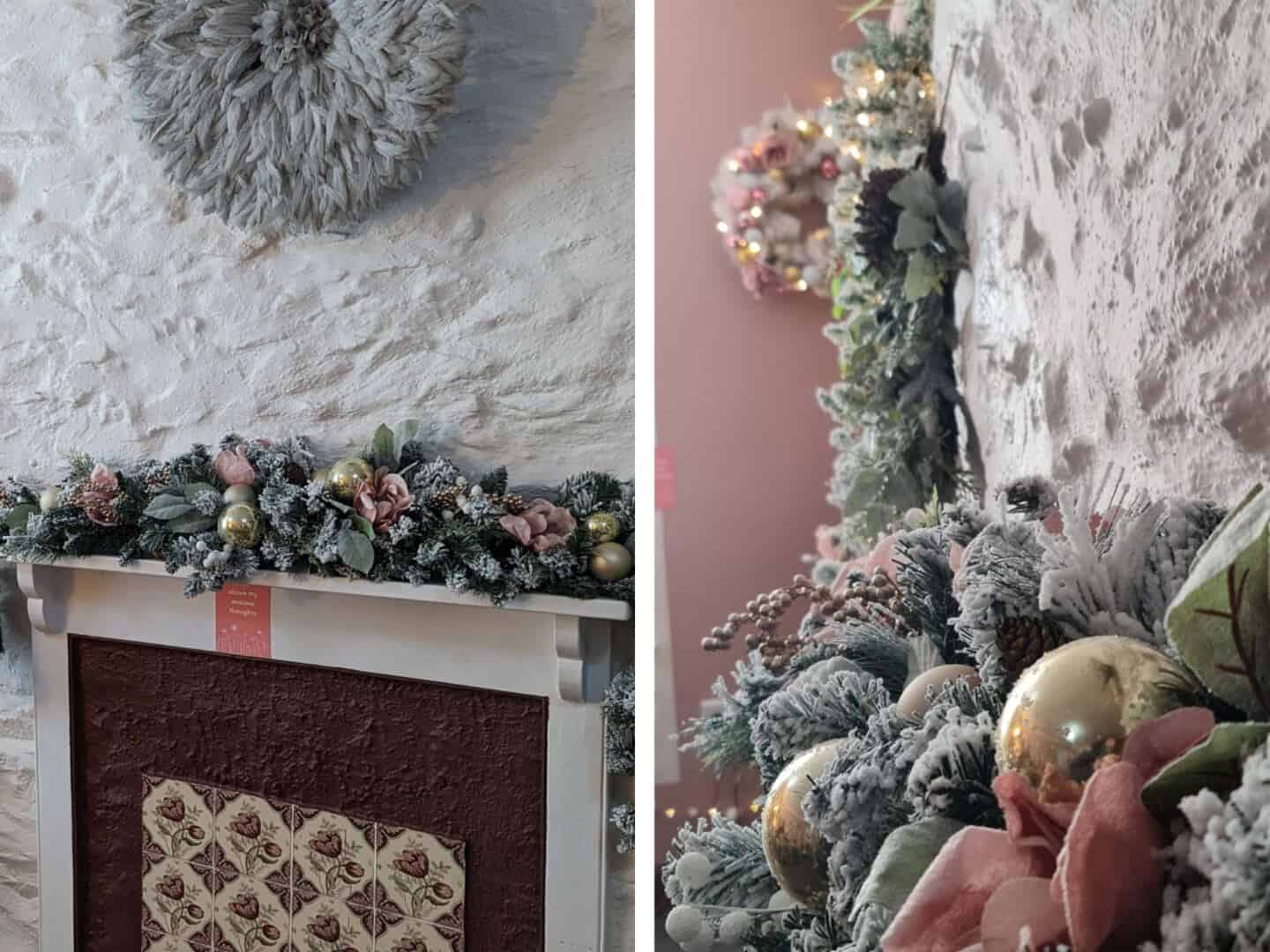 A frosted pink garland on a fireplace in a home office