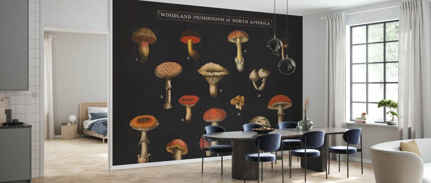 A large wall mural featuring woodland mushrooms on a black background in a modern living room