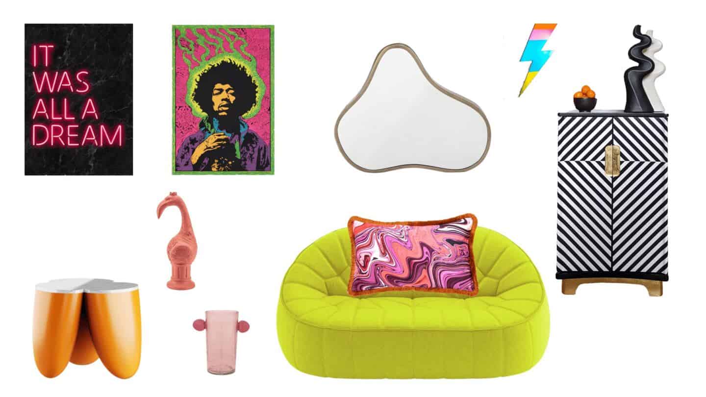 A collage featuring a selection of interior products that give a very 70's psychedelic vibe