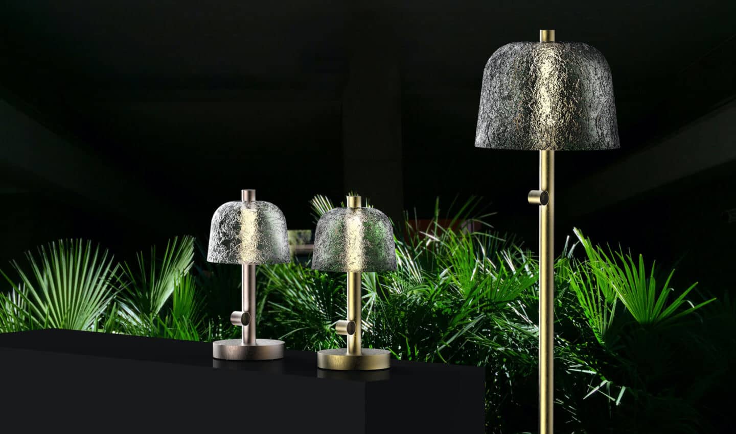 Lasvit table lamps shaped like mushrooms and the glass lamp shade was blown i to mycelium moulds.