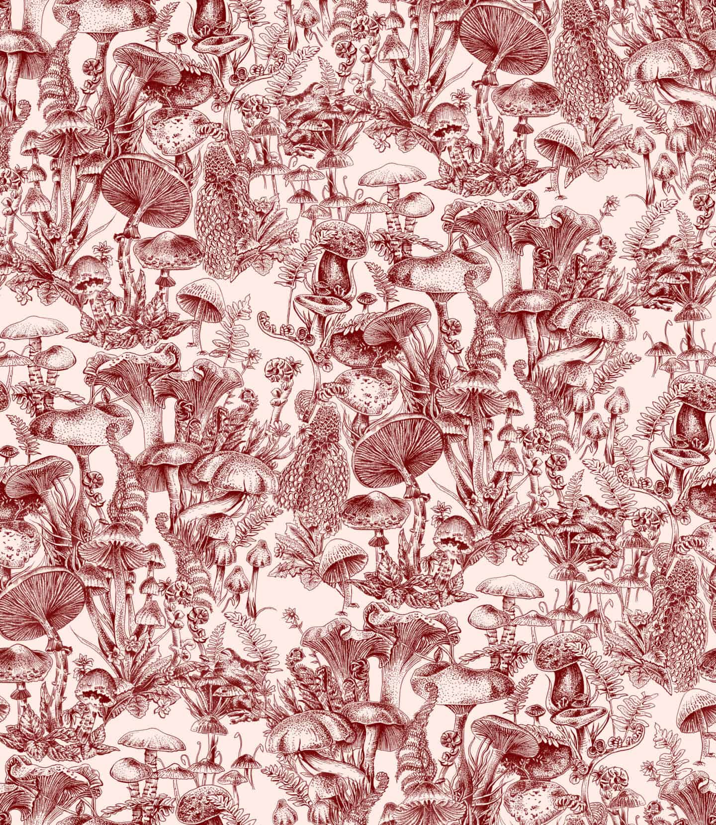 A close up of the Fungi Forest wallpaper in burgundy by Cole & Son X Stella McCartney