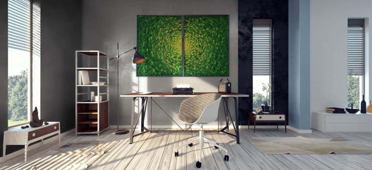 A modern home office featuring moss wall art by Ninfa Studio