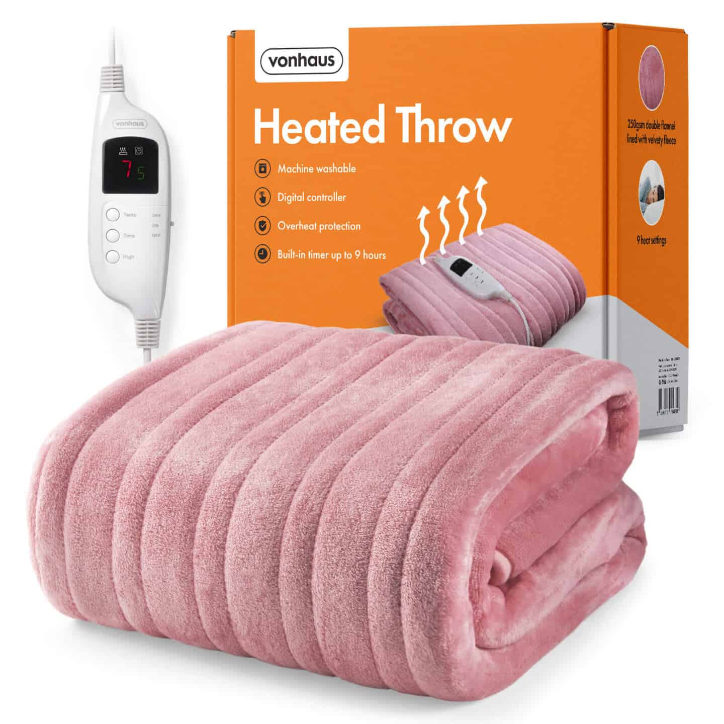 An electric blanket in front of the box it came in