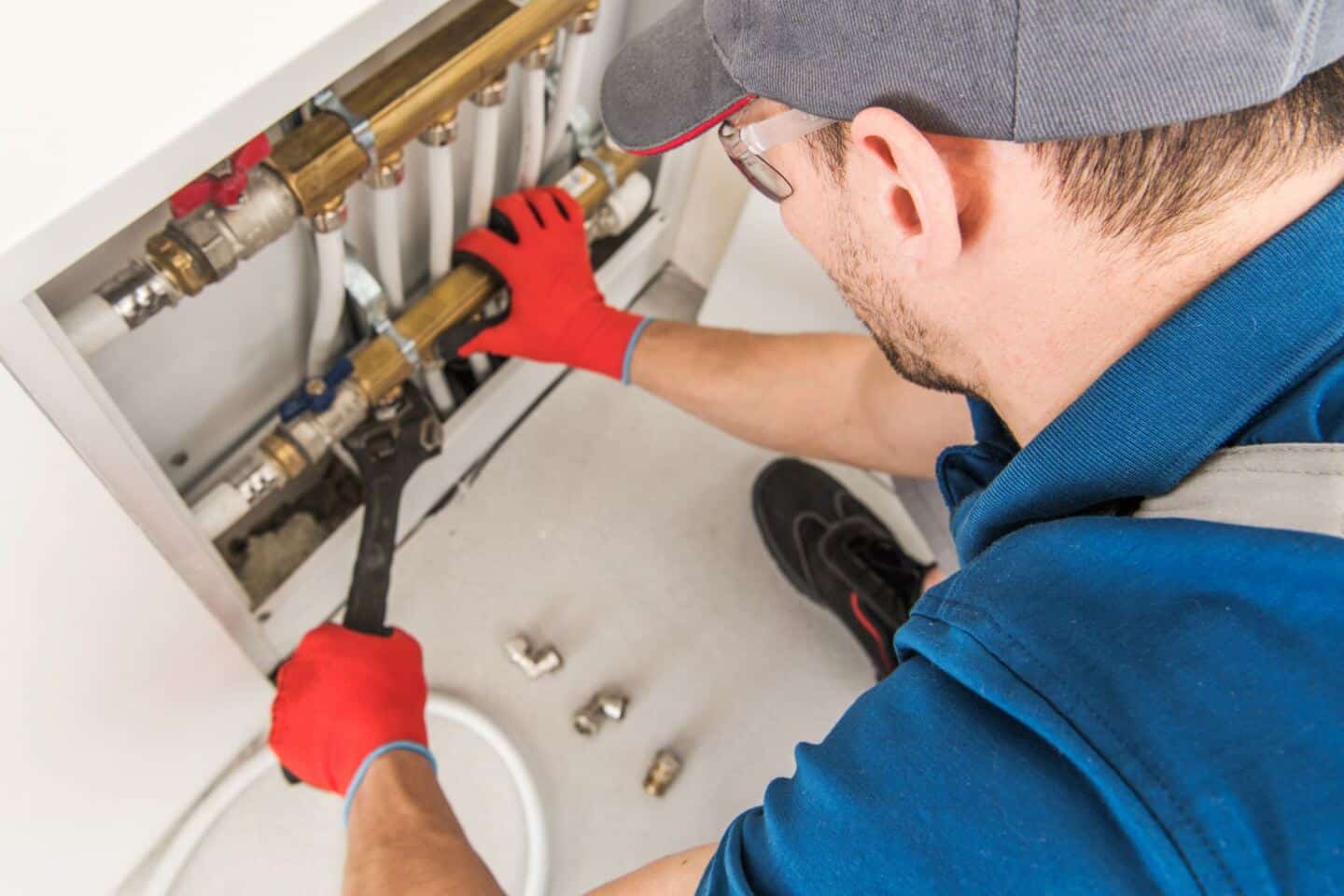 A plumber kneels down and does some plumbing maintenance on the pipework